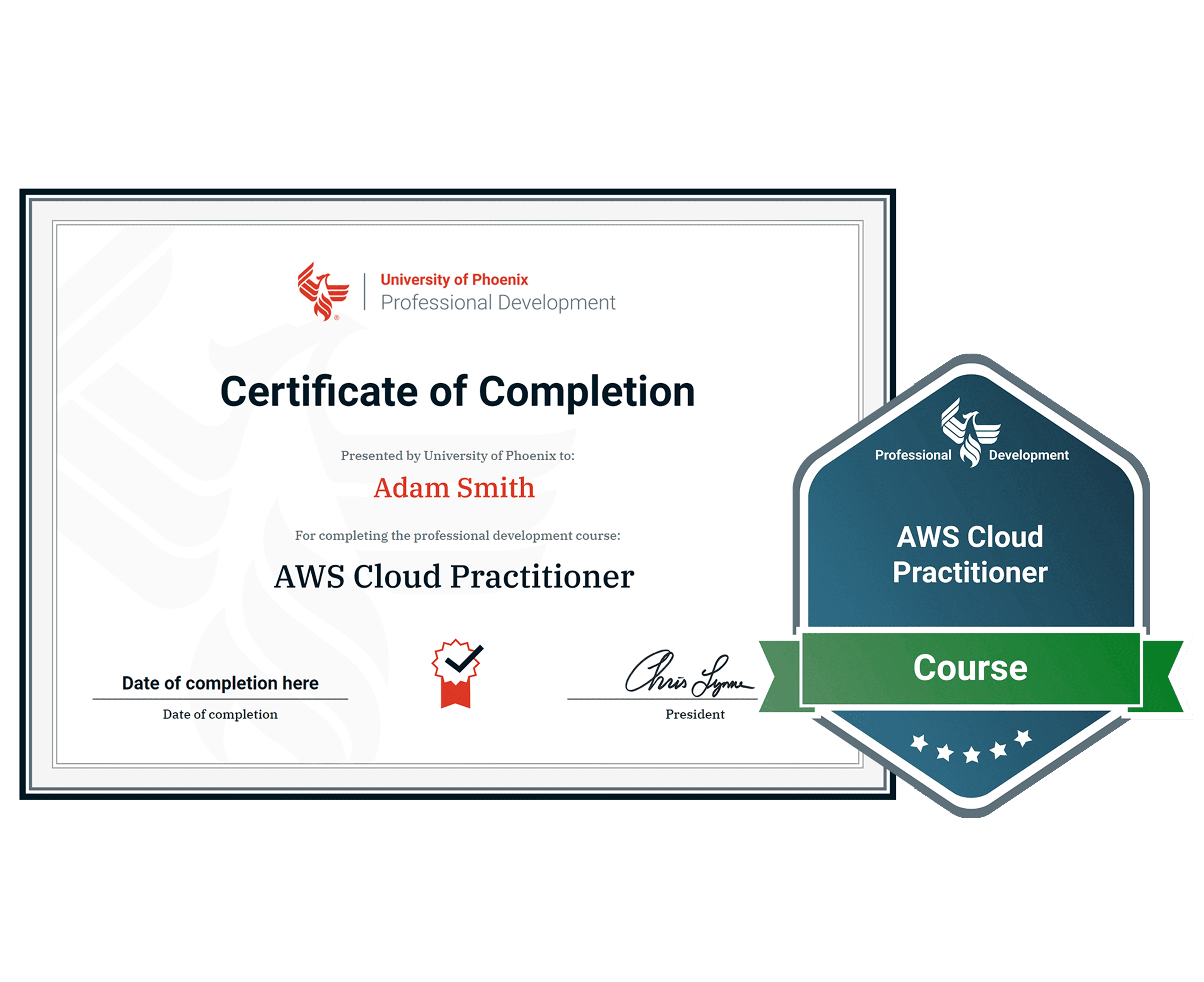 Sample certificate and badge for AWS Cloud Practitioner course