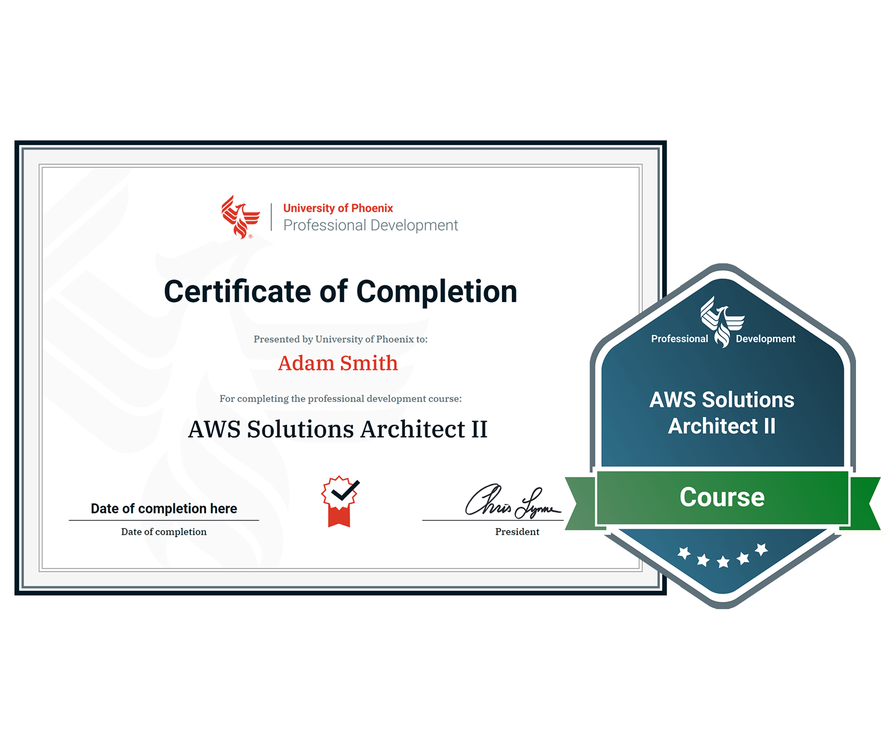 Sample certificate and badge for AWS Solutions Architect 2 course
