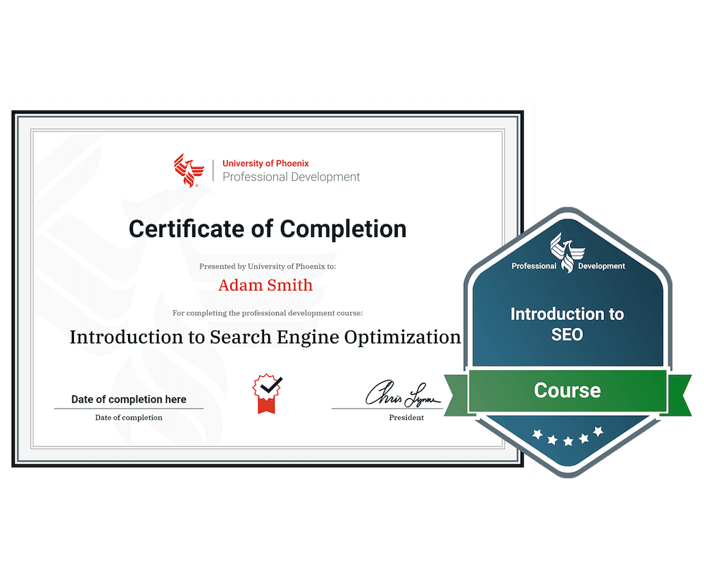 Sample certificate and badge for Introduction to SEO course