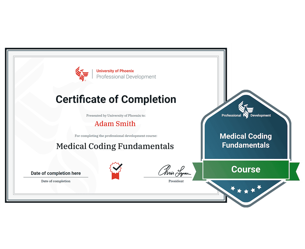 Sample certificate and badge for Medical Coding Fundamentals course