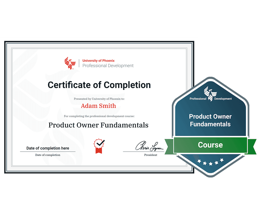 Sample certificate and badge for Product Owner Fundamentals course