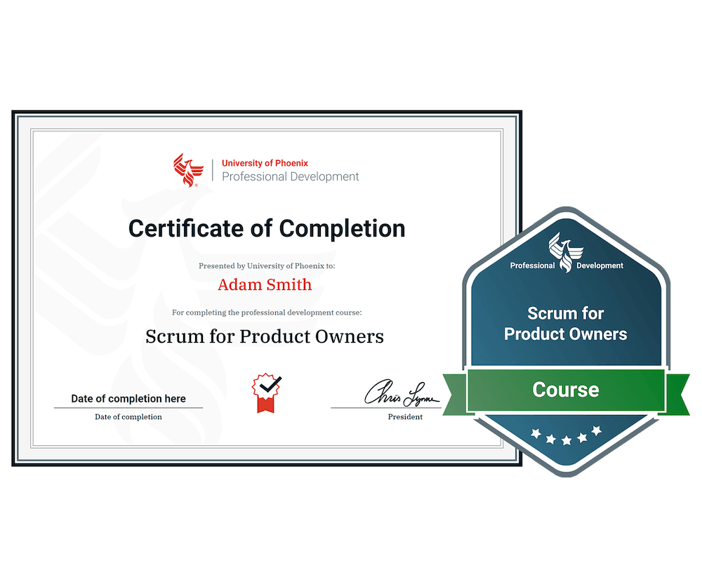 Sample certificate and badge for Scrum for Product Owners course